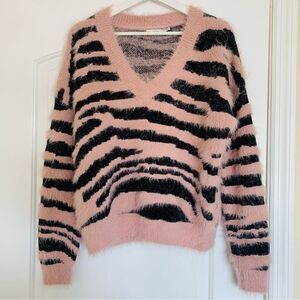 NWOT Lush Pink & Black Zebra Print Cozy Knitted V-Neck Sweater | Size: S